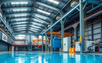 Scena di un grande stabilimento industriale con macchinari e attrezzature moderne.