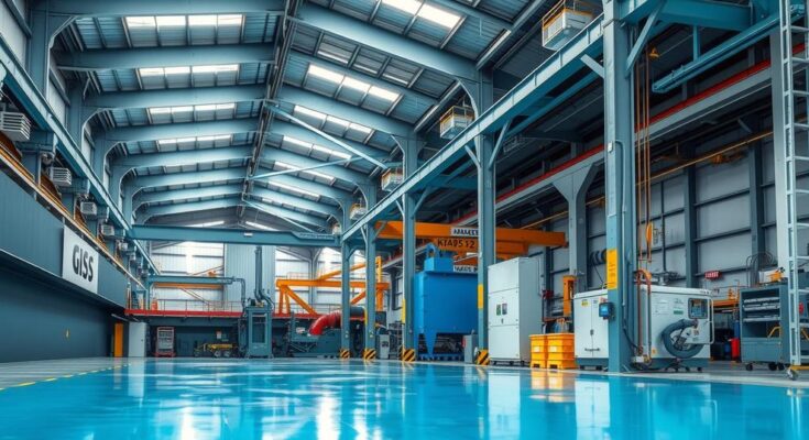 Scena di un grande stabilimento industriale con macchinari e attrezzature moderne.