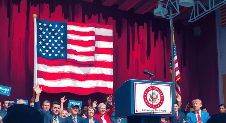 Trump addressing conservative activists in Phoenix with an American flag backdrop and a podium.