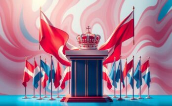Presidential campaign concept with symbolic crown, flags, and red, white, and blue colors highlighting democracy.
