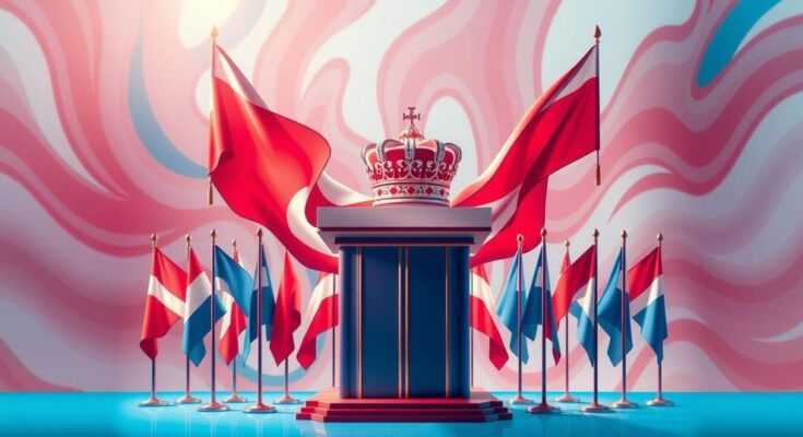 Presidential campaign concept with symbolic crown, flags, and red, white, and blue colors highlighting democracy.