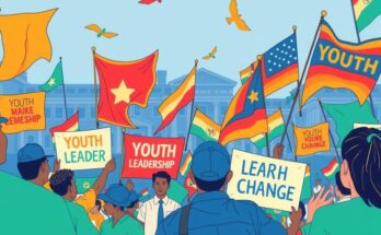 Un rassemblement politique dynamique représentant des jeunes leaders enthousiastes avec des drapeaux colorés.