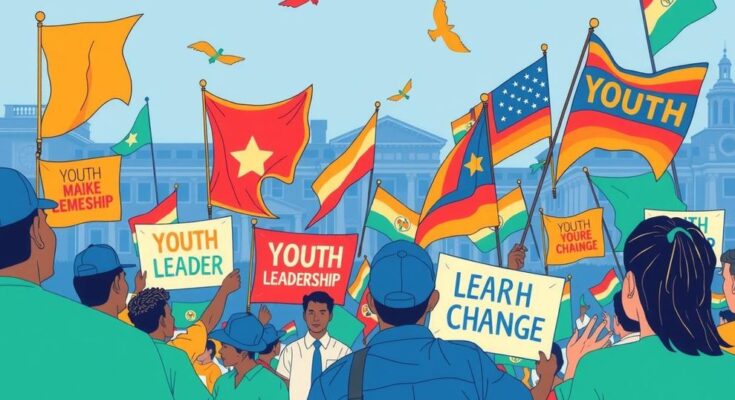 Un rassemblement politique dynamique représentant des jeunes leaders enthousiastes avec des drapeaux colorés.