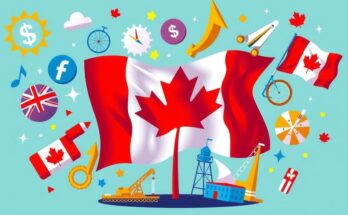 Bandiera canadese con simboli commerciali e dazi tariffari in sfondo dinamico e colori vivaci.