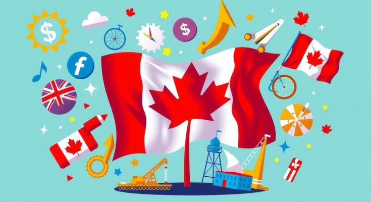 Bandiera canadese con simboli commerciali e dazi tariffari in sfondo dinamico e colori vivaci.