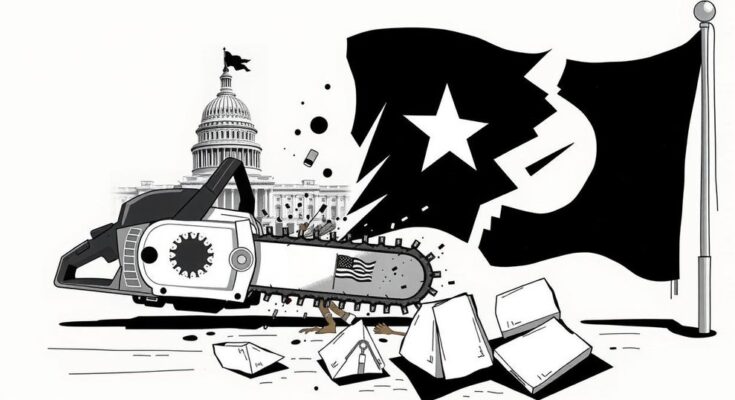 Ilustrație reprezentând tensiuni politice, haos guvernamental și provocări pentru liderii republicani.