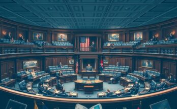 O imagine simbolica a unei camere legislative, cu simboluri politice si elemente de transparenta in publicitate