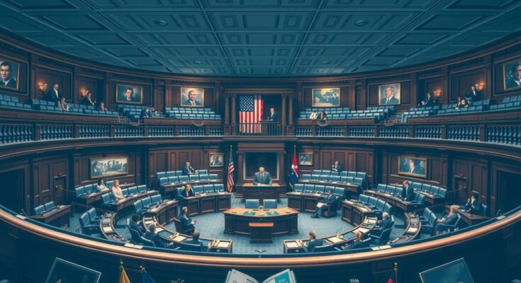 O imagine simbolica a unei camere legislative, cu simboluri politice si elemente de transparenta in publicitate