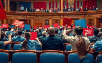 Дебаты в Конгрессе: протесты демократов против речей политика, фоновая атмосфера напряженности.