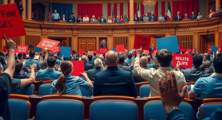 Дебаты в Конгрессе: протесты демократов против речей политика, фоновая атмосфера напряженности.