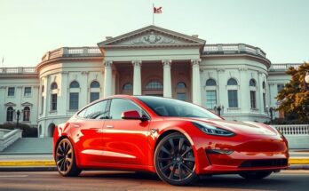 Червен електрически автомобил на Tesla пред Белия дом, символизиращ политика и индустрия.
