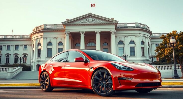 Червен електрически автомобил на Tesla пред Белия дом, символизиращ политика и индустрия.