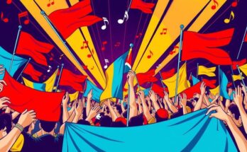 Rally scene with vibrant flags and banners, energetic crowd enjoying music, capturing a nostalgic political atmosphere.