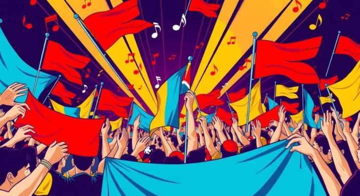 Rally scene with vibrant flags and banners, energetic crowd enjoying music, capturing a nostalgic political atmosphere.