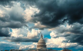 Symbolic representation of political contest, depicting a dramatic sky over Capitol Hill with contrasting colours moods.