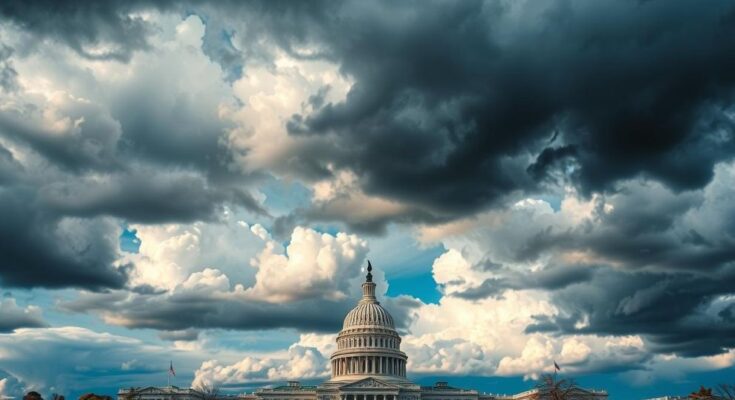 Symbolic representation of political contest, depicting a dramatic sky over Capitol Hill with contrasting colours moods.