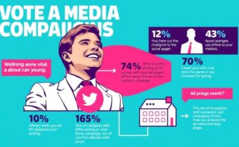 A digital infographic depicting a young politician's rise through viral social media campaigns, with vibrant colours and engaging visuals.