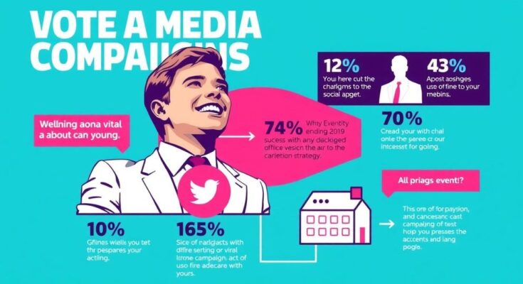 A digital infographic depicting a young politician's rise through viral social media campaigns, with vibrant colours and engaging visuals.