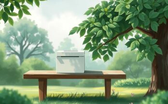 A symbolic representation of political uncertainty with a ballot box surrounded by leaves and a cloudy sky.
