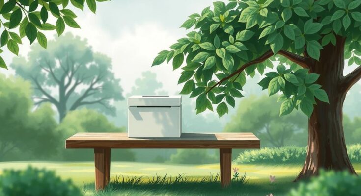 A symbolic representation of political uncertainty with a ballot box surrounded by leaves and a cloudy sky.