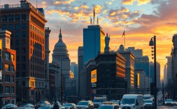 Un paysage urbain de New York, symbolisant l'engagement politique et le changement dynamique des idées.