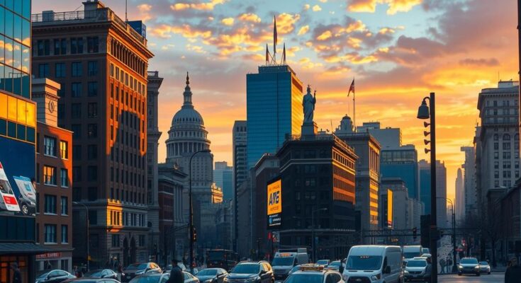 Un paysage urbain de New York, symbolisant l'engagement politique et le changement dynamique des idées.