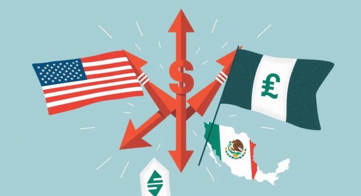 Grafico rappresentativo di conflitti commerciali tra US, Canada e Messico con simboli e frecce.