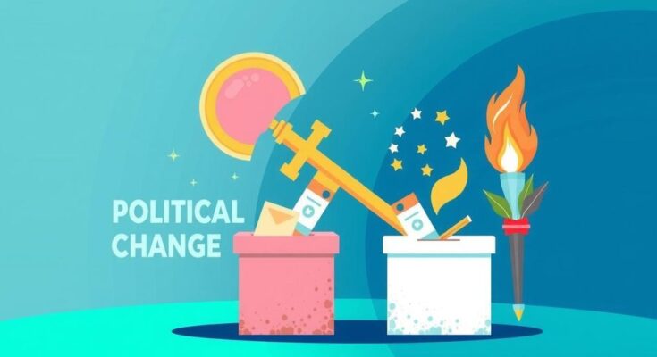 Three symbols of political change: a key, a ballot, and a torch, representing youthful leadership in politics.