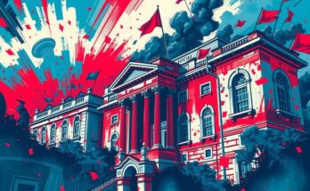 Rappresentazione artistica di un palazzo governativo in tumulto, pittura vivace con toni blu e rossi, stile espressionista.