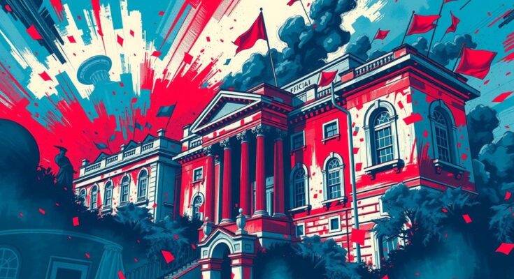 Rappresentazione artistica di un palazzo governativo in tumulto, pittura vivace con toni blu e rossi, stile espressionista.