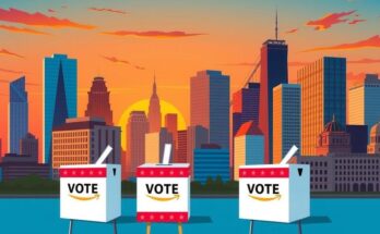 A vibrant city skyline with political symbols representing democratic themes and election dynamics.