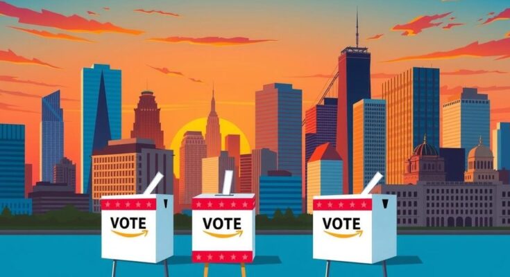 A vibrant city skyline with political symbols representing democratic themes and election dynamics.