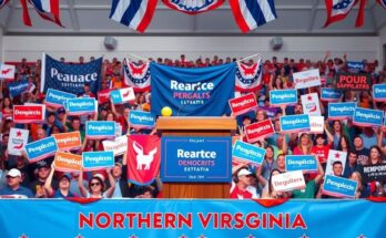 Democratic campaign rally in Virginia with individuals speaking at a podium, flags, and banners in a supportive community setting.