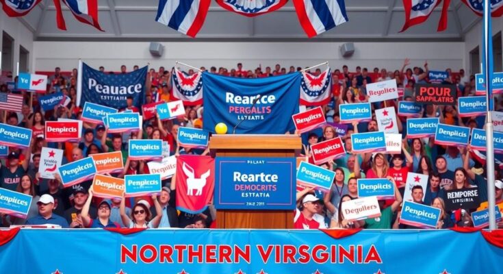 Democratic campaign rally in Virginia with individuals speaking at a podium, flags, and banners in a supportive community setting.