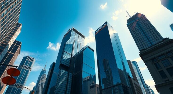 Un paysage urbain dynamique avec des gratte-ciels sous un ciel bleu vif, symbolisant la politique moderne à New York.