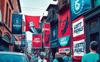 A vibrant political campaign scene with banners and posters in bright colours, symbolising democratic engagement and urban diversity.