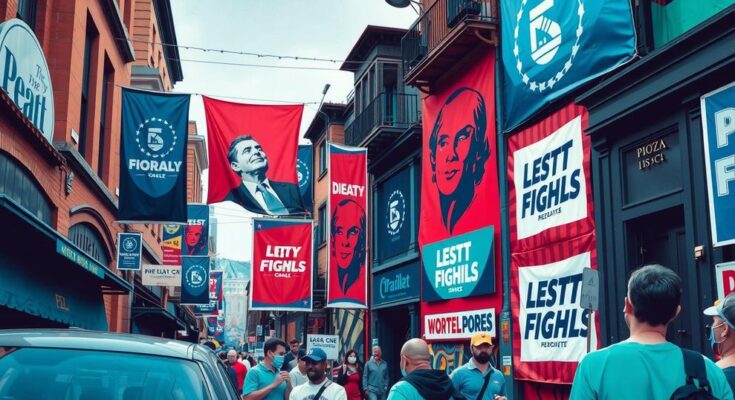 A vibrant political campaign scene with banners and posters in bright colours, symbolising democratic engagement and urban diversity.