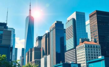 Un peisaj urban cu clădiri iconice din New York, sub un cer albastru strălucitor, simbolizând campania pentru primar.