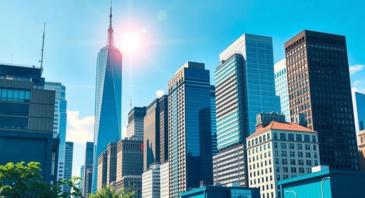 Un peisaj urban cu clădiri iconice din New York, sub un cer albastru strălucitor, simbolizând campania pentru primar.