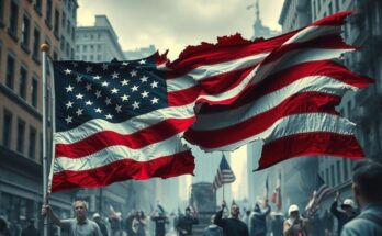 A fragmented American flag in desaturated colours, symbolizing division and turmoil within the nation.