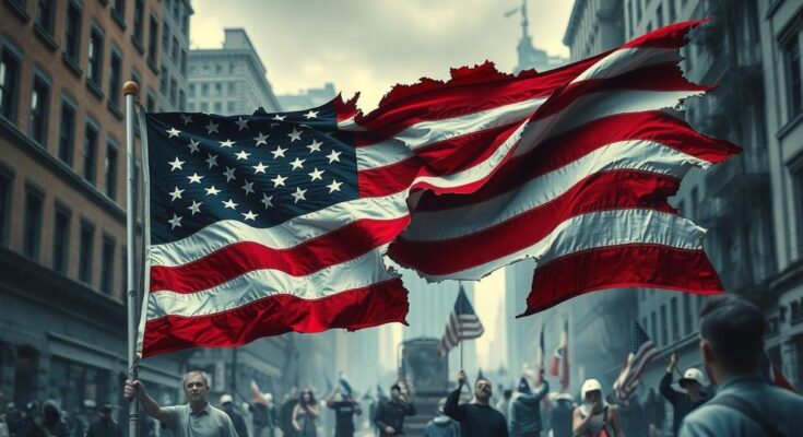 A fragmented American flag in desaturated colours, symbolizing division and turmoil within the nation.