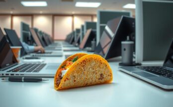 Un taco delicios, pe fundal un birou de birou cu laptopuri, simbolizând momentele de relaxare în muncă.