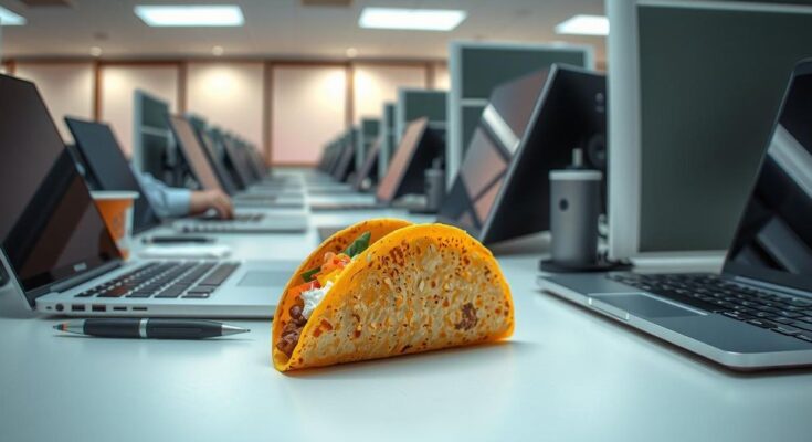 Un taco delicios, pe fundal un birou de birou cu laptopuri, simbolizând momentele de relaxare în muncă.