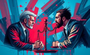 Échange animé entre avocats sur des questions judiciaires, en arrière-plan abstrait bleu et rouge.