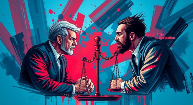 Échange animé entre avocats sur des questions judiciaires, en arrière-plan abstrait bleu et rouge.