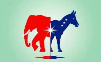 Visual representation of American political landscape with symbols of major parties and a new centrist party emerging.