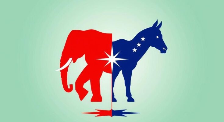 Visual representation of American political landscape with symbols of major parties and a new centrist party emerging.