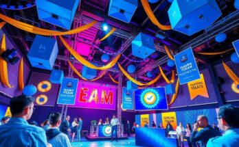 Una sala convention piena di entusiasmo, celebrità e ballo, con decorazioni blu e oro, simboli di unità.