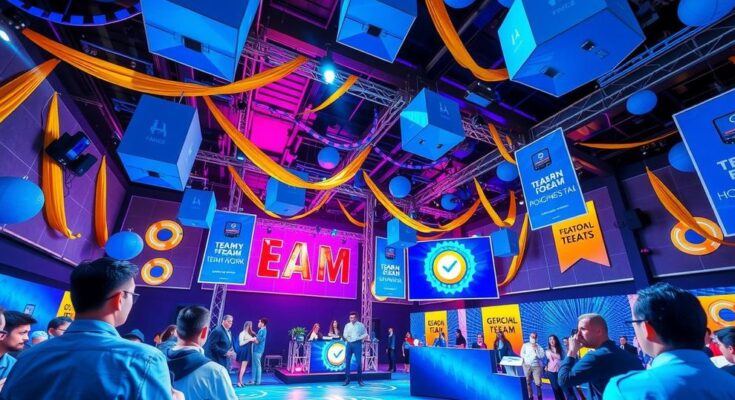 Una sala convention piena di entusiasmo, celebrità e ballo, con decorazioni blu e oro, simboli di unità.