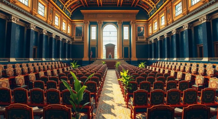 Un assemblaggio di elementi del governo e del budget, simbolo di discussioni legislative.